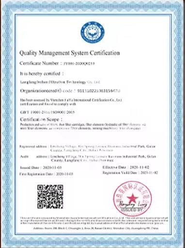 Porcellana Langfang Lvshen Filtration Technology Co., Ltd. Certificazioni